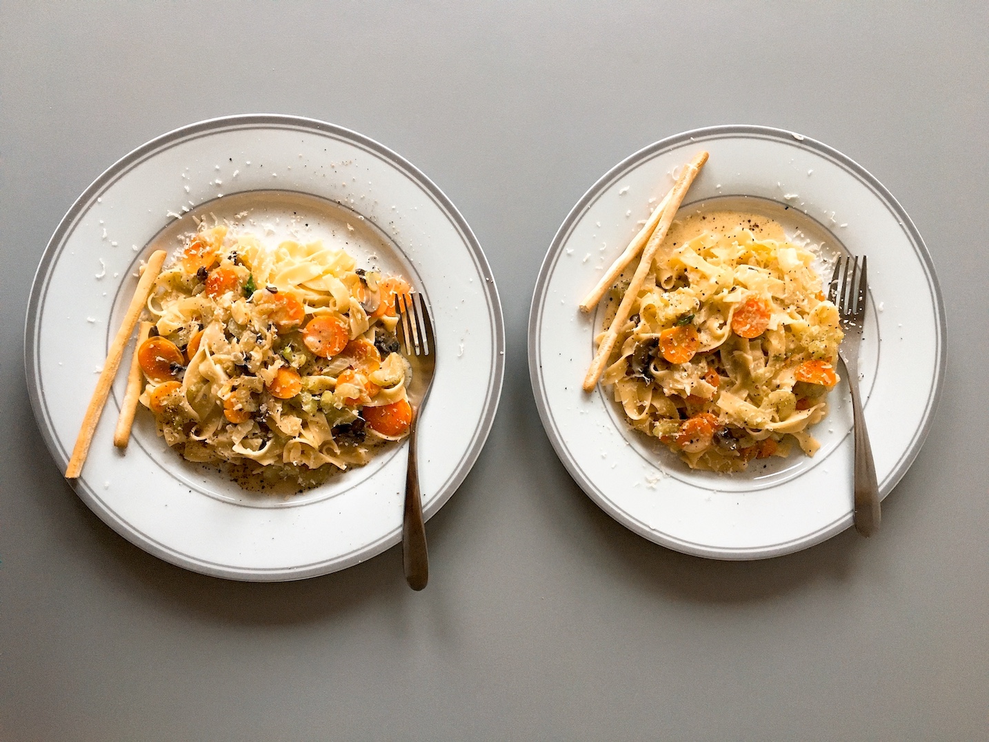 Celery Carrot Mushroom Fettuccine in White Sauce