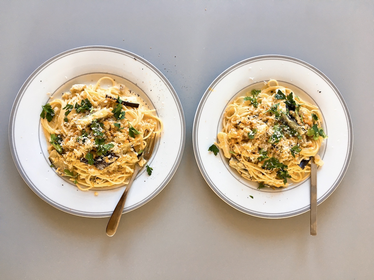 Cod and Aubergine White Sauce Spaghetti