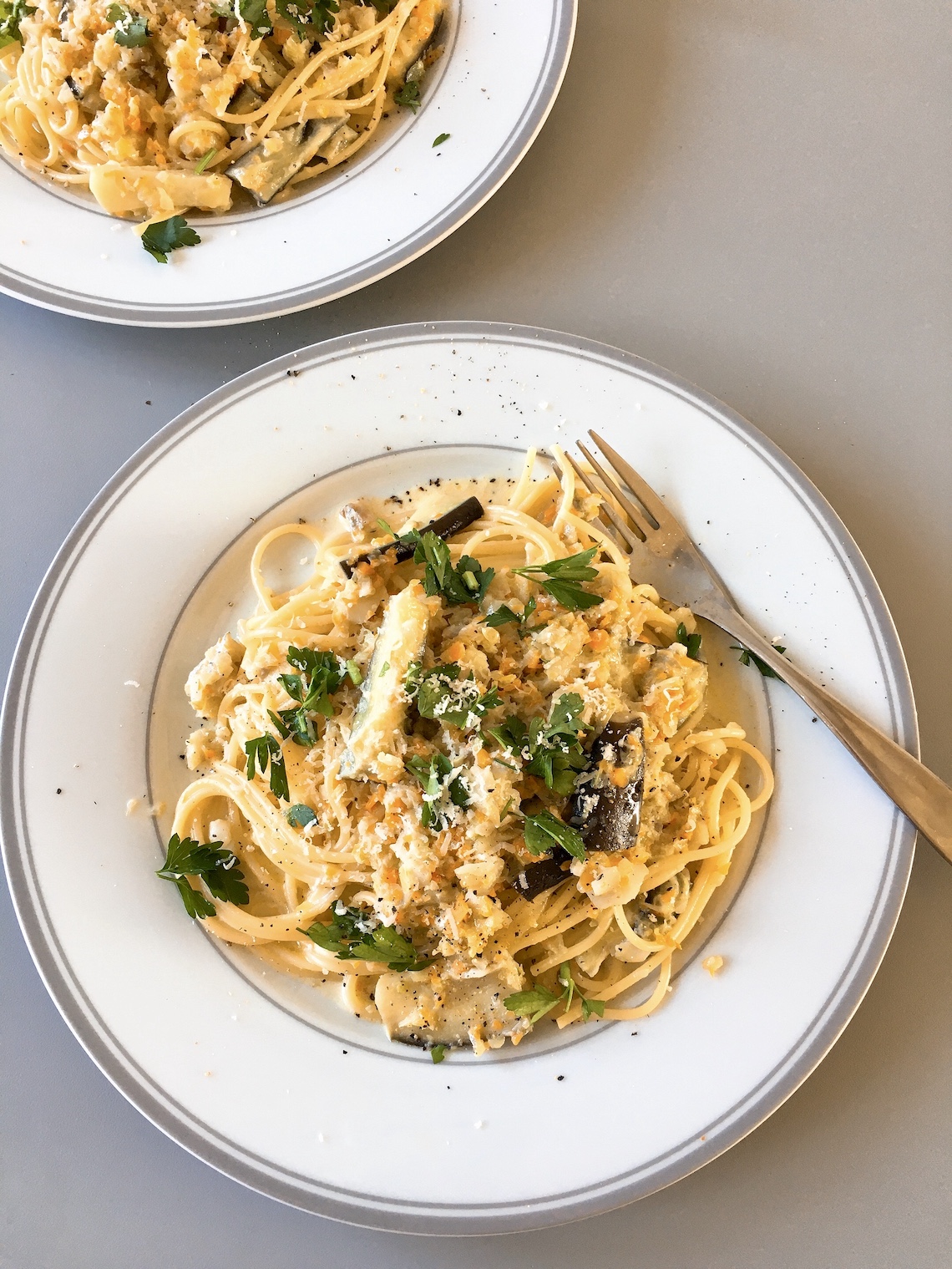 Cod and aubergine white sauce spaghetti.