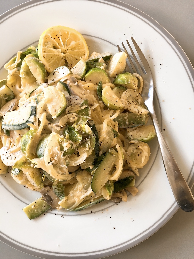 Brussels Sprout Lemony and Creamy Spaghetti