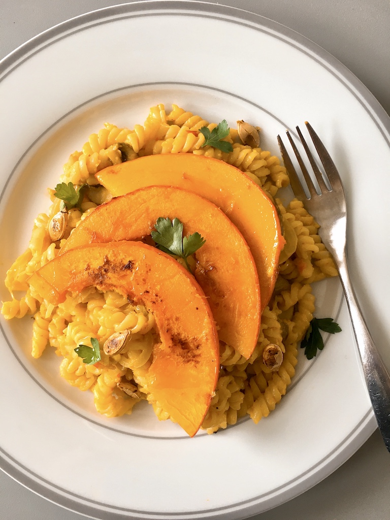 Pumpkin and Mushroom Fusilli in Cashew Cream Sauce