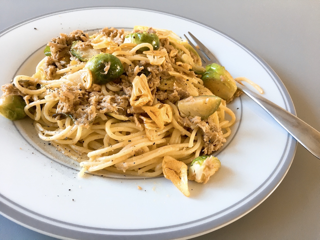 Quick Canned Tuna Pasta with Brussels Sprouts