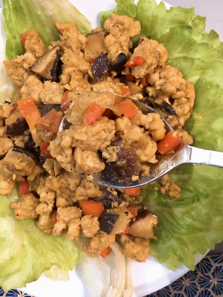 Braised tempeh with spicy soy sauce.