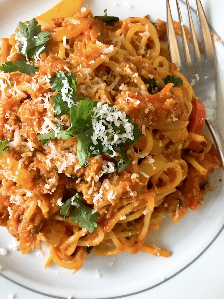 A very rich tuna tomato pasta using tomato passata and ketchup