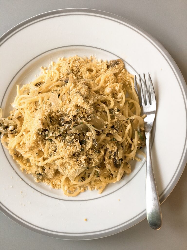 Onion and Mushroom Peperoncino with Bread Crumbs