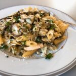 Vegetarian penne with cauliflower, mushroom and thyme.