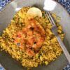 happy yellow couscous with baked fish