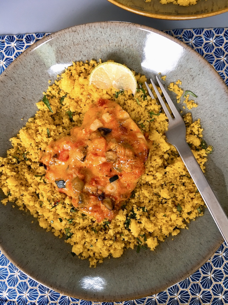 happy yellow couscous with baked fish