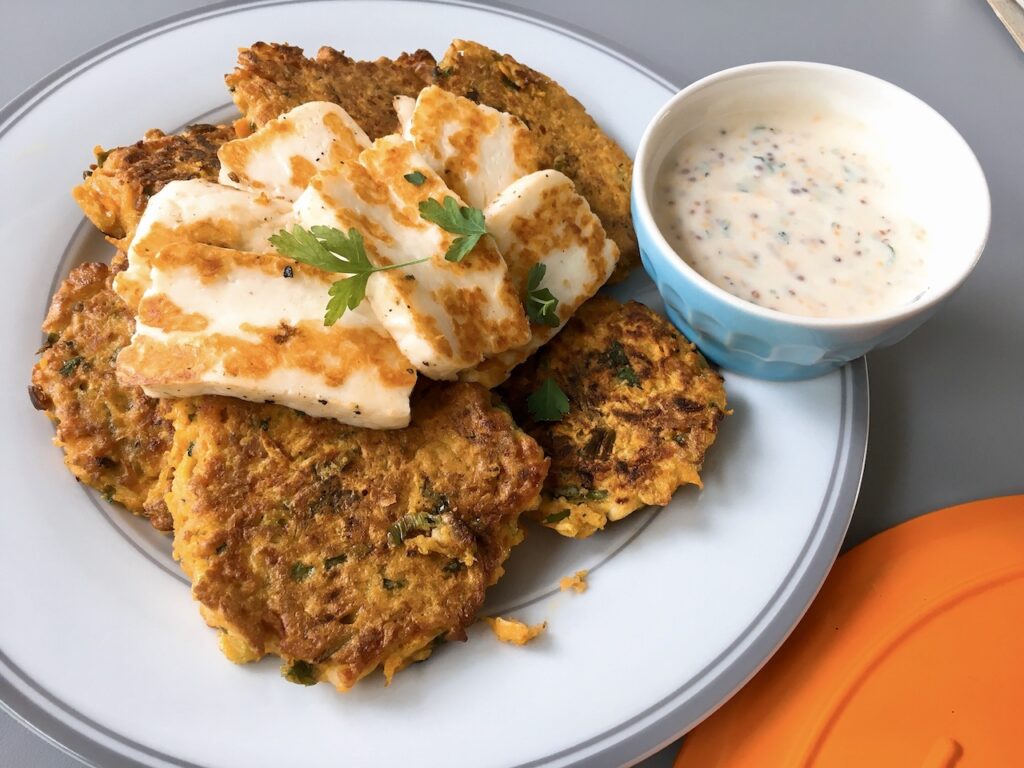 Carrot Fritters with Grilled Halloumi Cheese