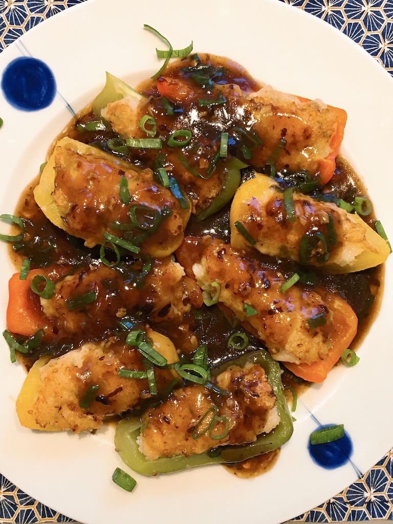 Shrimp stuffed peppers with black bean sauce.