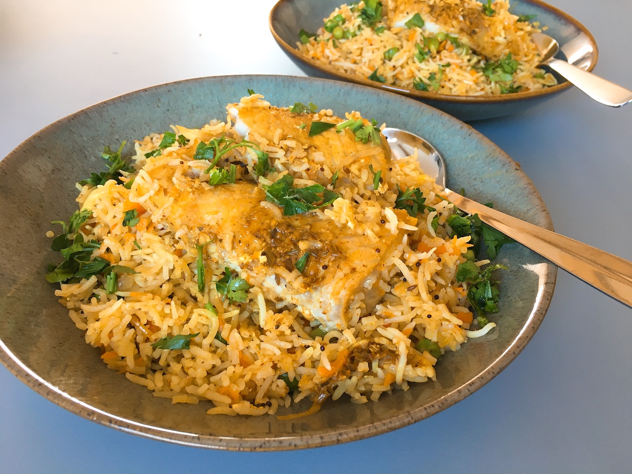 2 plates of hot and spicy fish biryani.