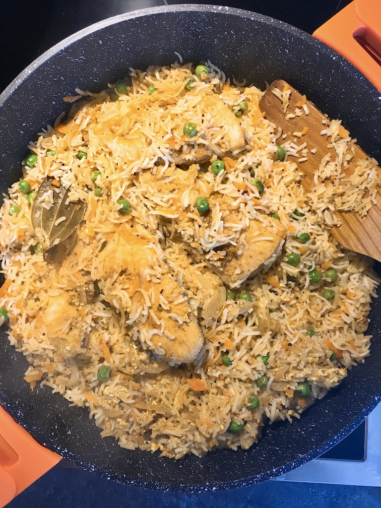 A super fragrant fish biryani made at home.