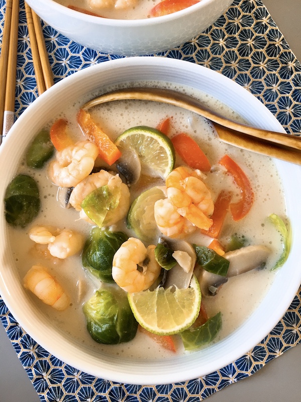 A bowl of Tom Kha Goong soup noodles.