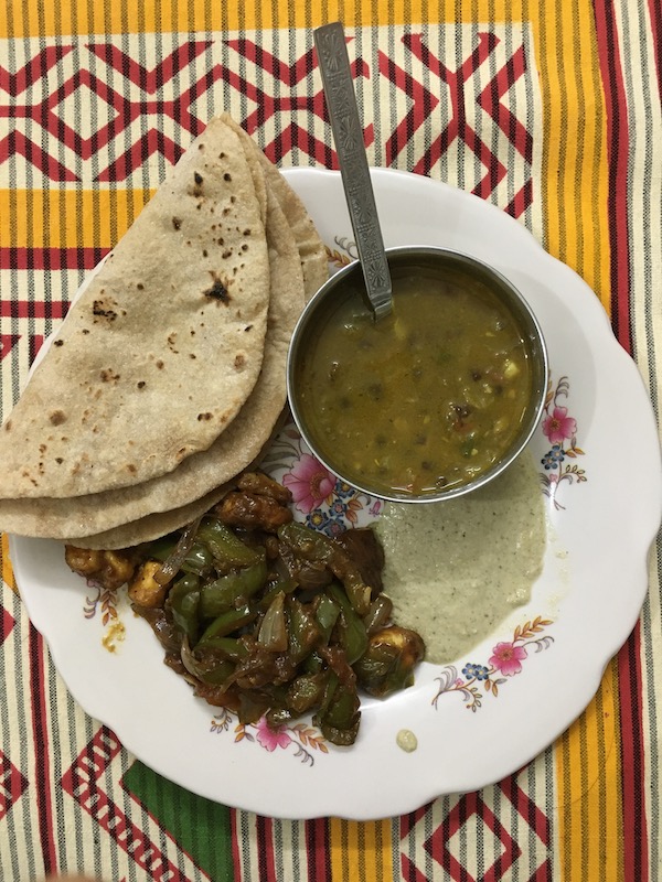 Green pepper subzi, dahl and chapati.