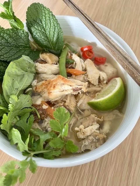 Loads of herbs on the chicken pho.