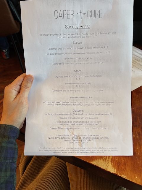 Caper and Cure Sunday roast menu.