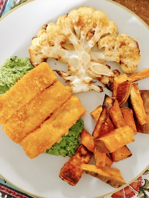 British minty mushy peas with roasted cauliflower steak and sweet potatoes.