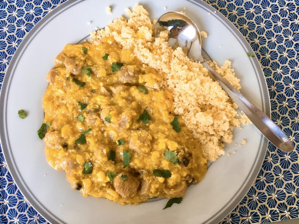 A top shot of Hong Kong style sweet corn rice with soya chunks.