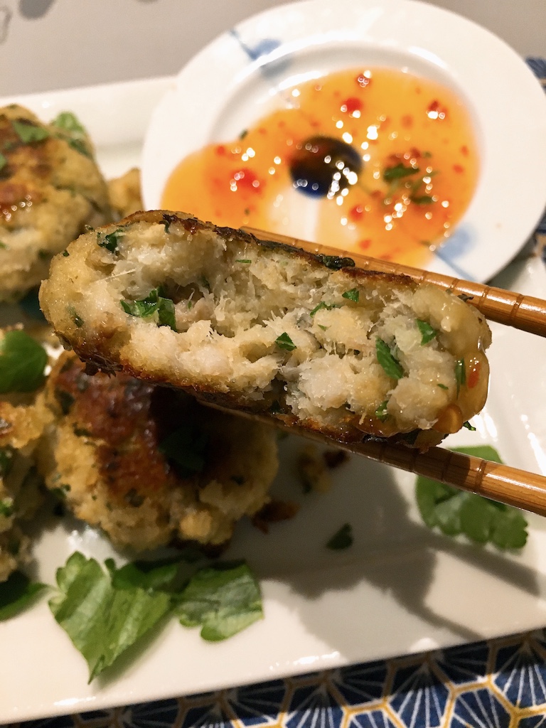 Halved Thai fish cake. 