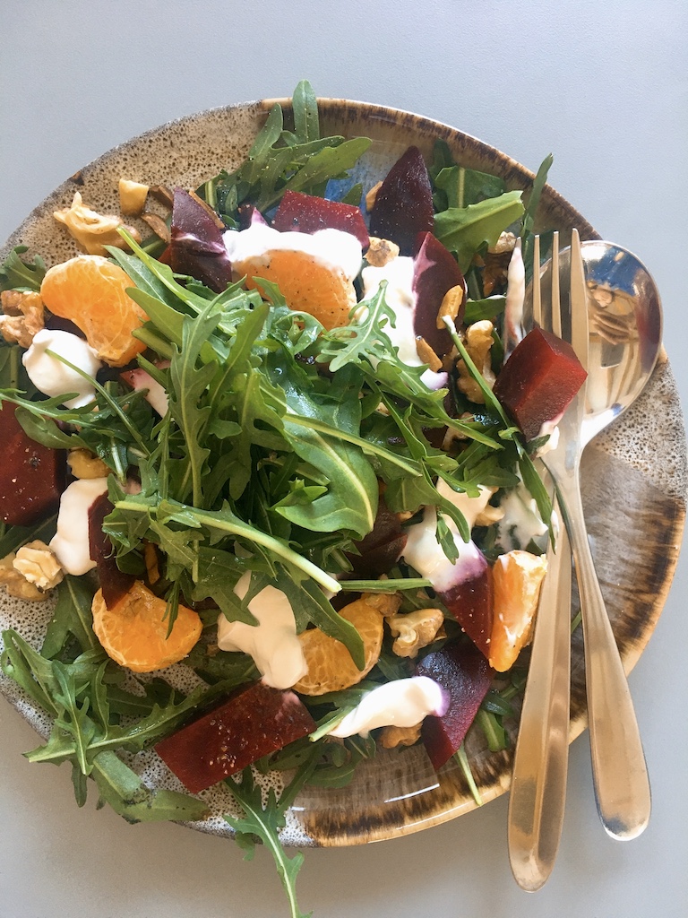 Beetroot and clementine salad with Greek yogurt vinaigrette.