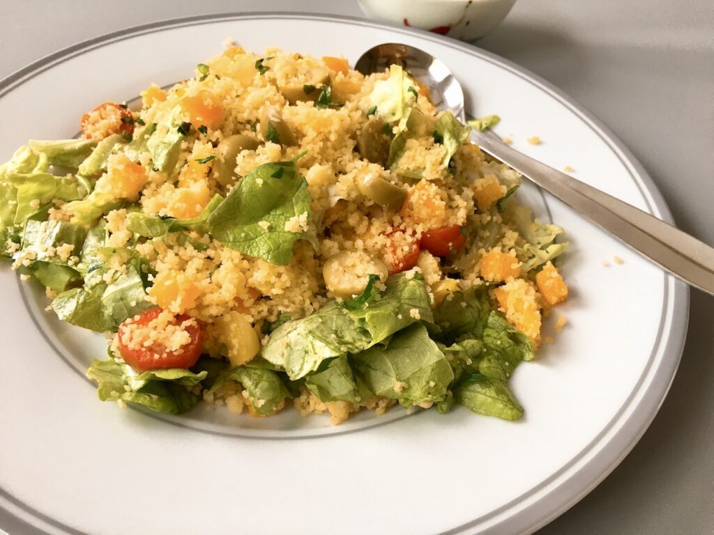 Mediterranean couscous with mustard lemon sauce.