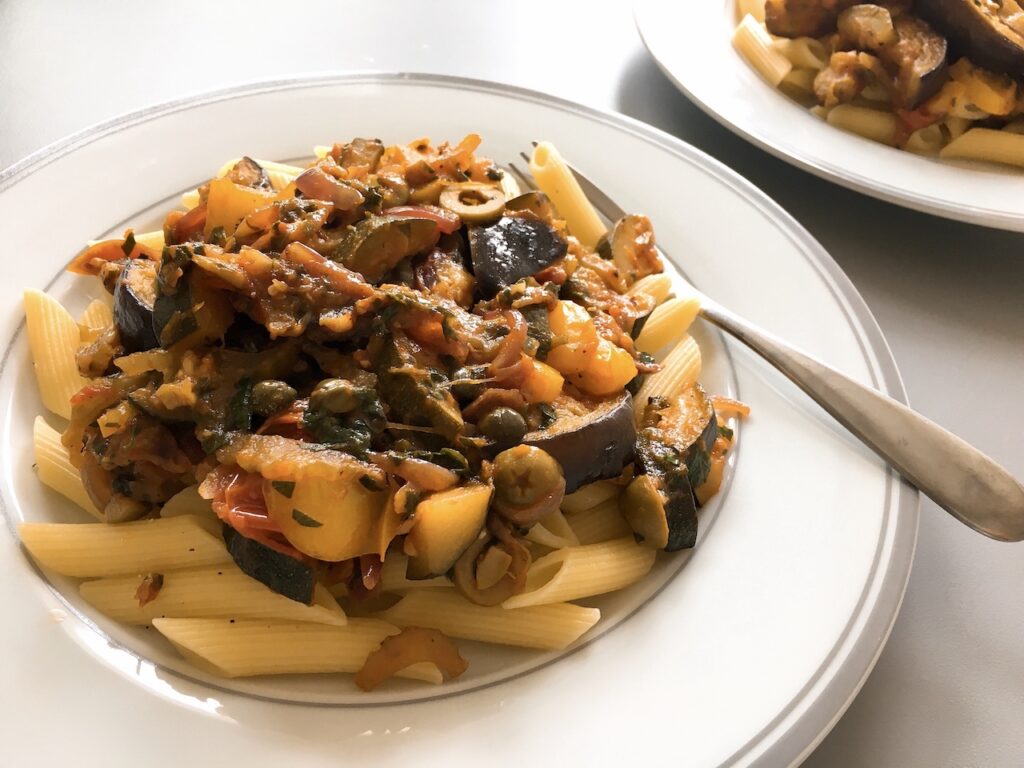 Caponata with pasta penne.