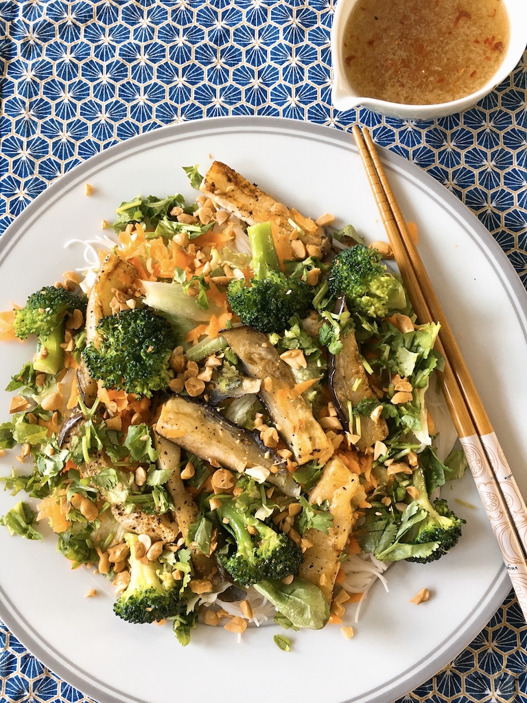 Aubergine vermicelli salad with fish sauce vinaigrette.