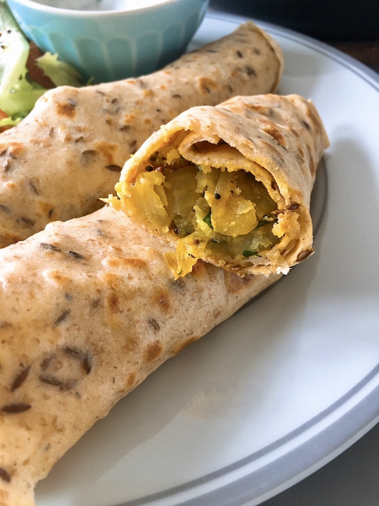 Aloo masala filled in a kathi roll.