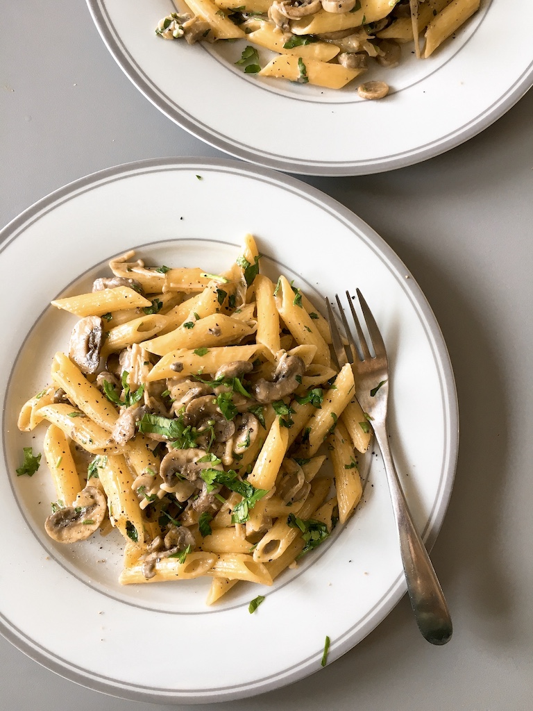 Two plates of creamy mushroom penne.