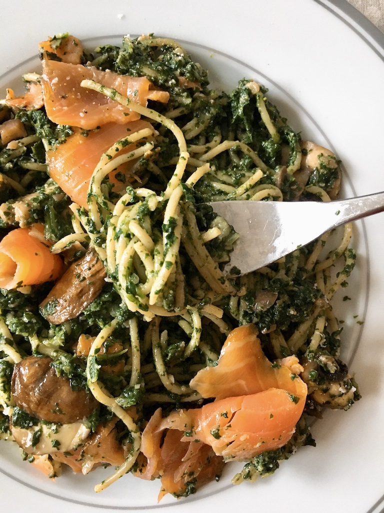 Smoked salmon and spinach spaghetti.