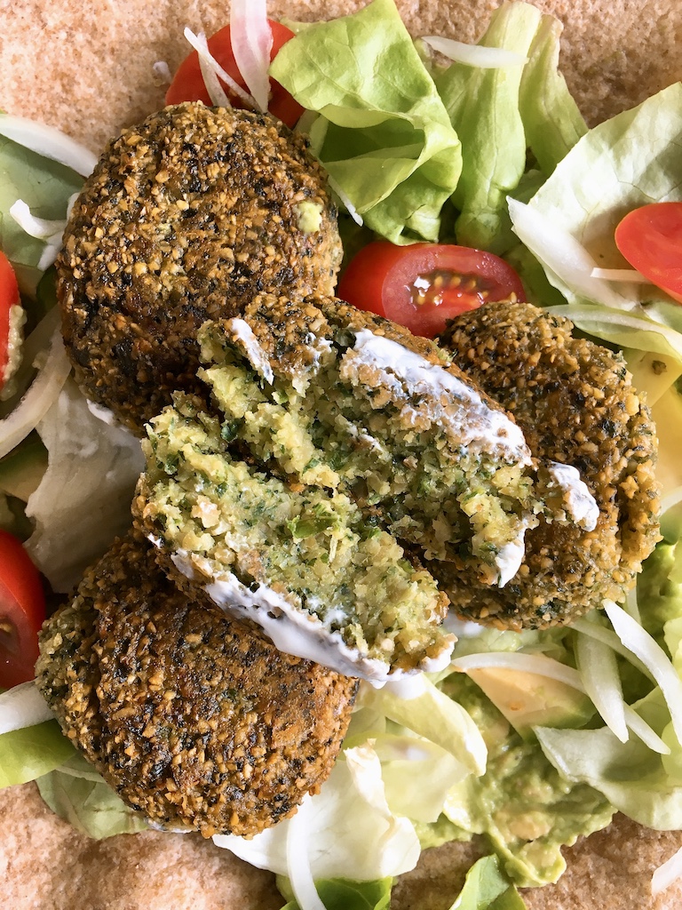 A cut-opened falafel.