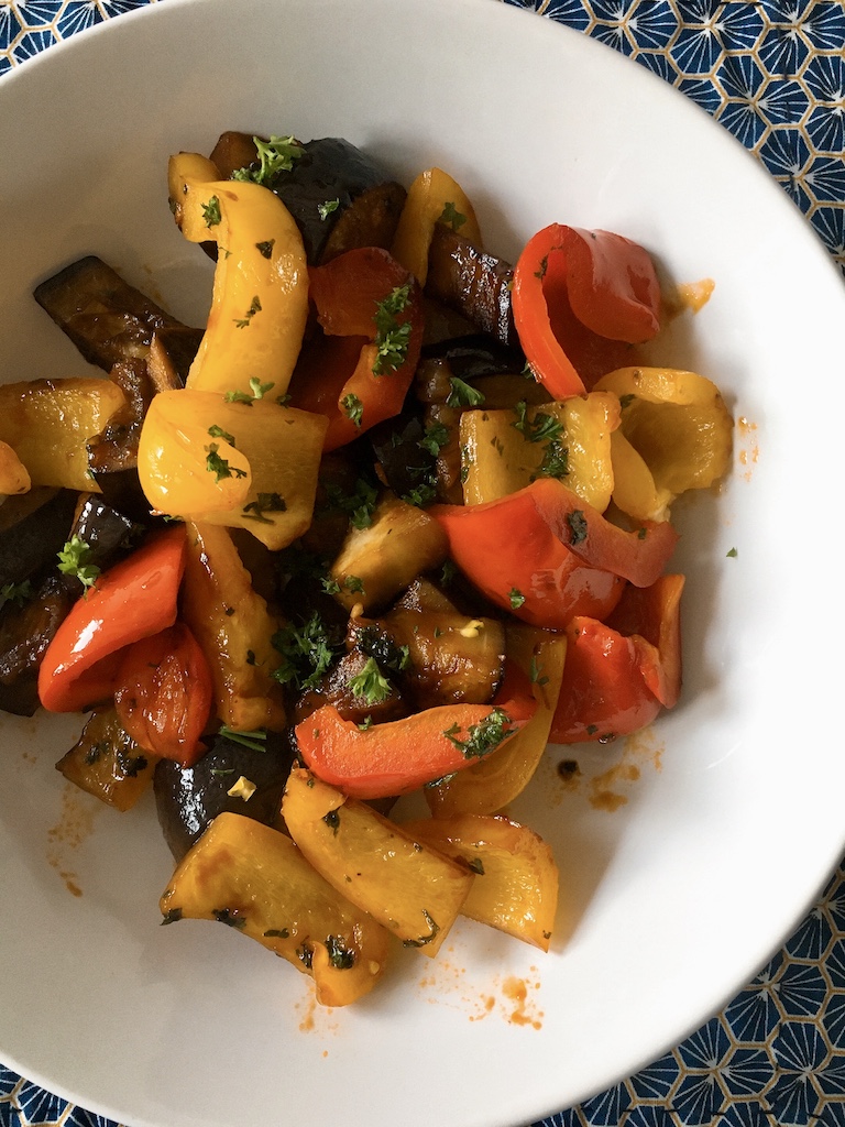 Sweet and sour aubergine (and peppers).