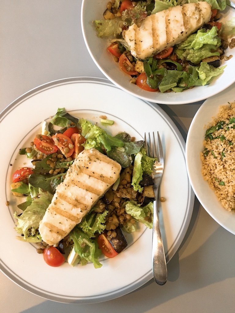 Warm lentil salad with aubergine and couscous.