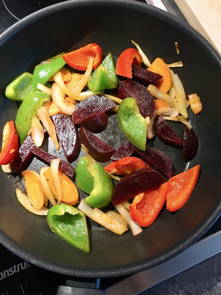 Making of beet and peppers with Japanese miso honey sauce.