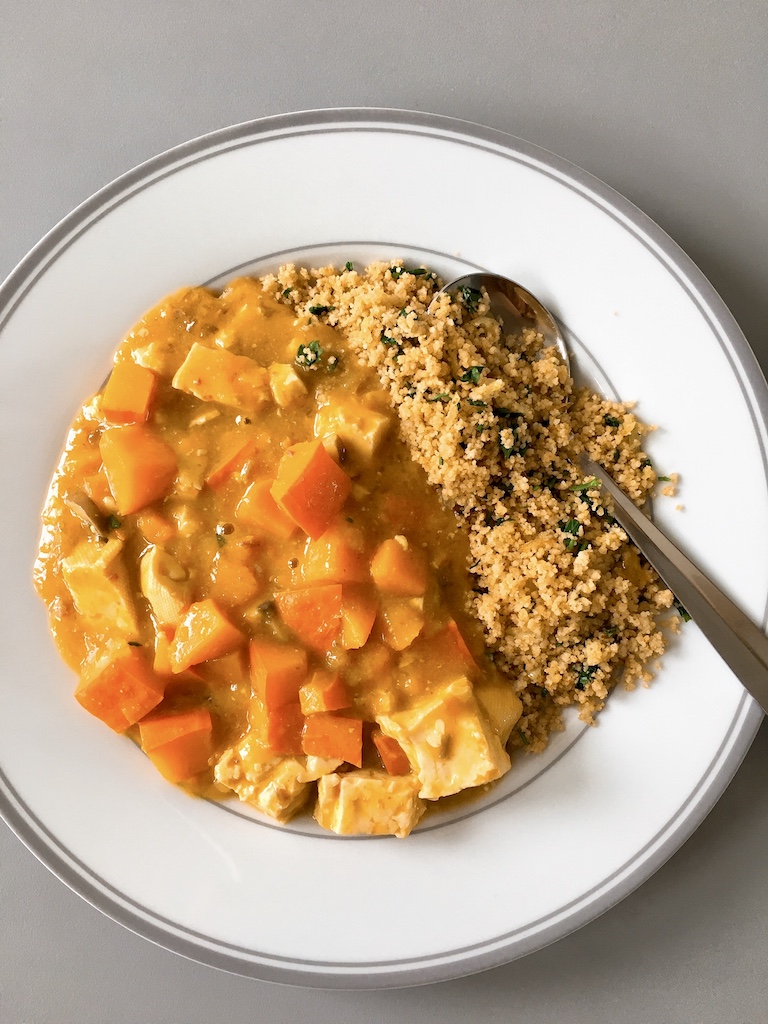 Pumpkin and tofu miso stew with couscous.