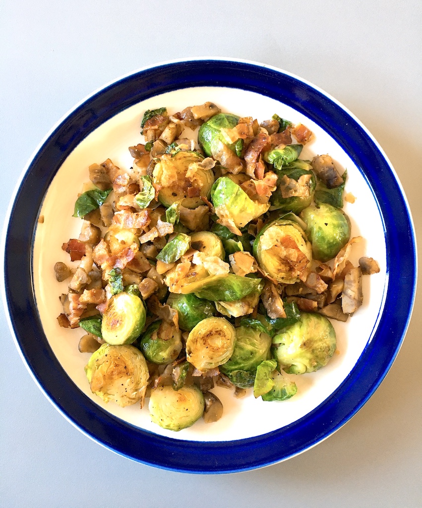 Sautéd Brussels sprouts with bacon and chestnuts.