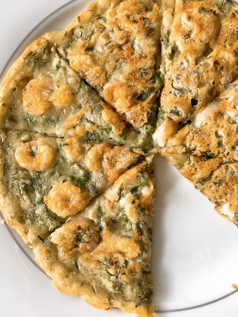 Coriander and shrimp savoury pancake.