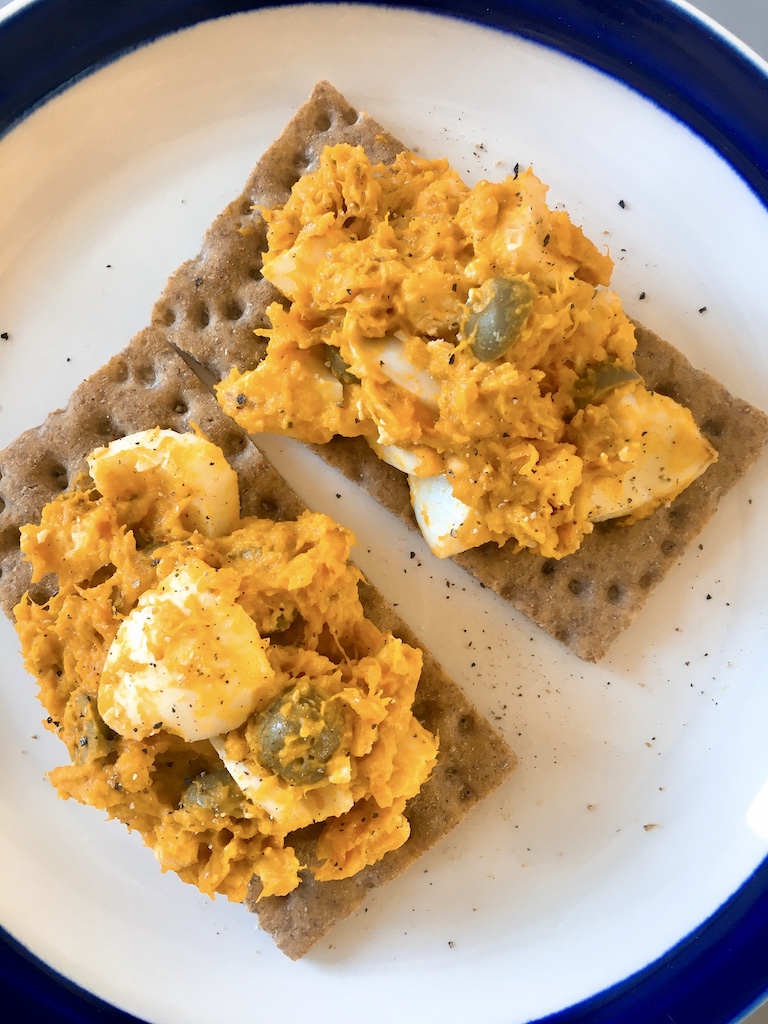 Japanese pumpkin salad on crackers.