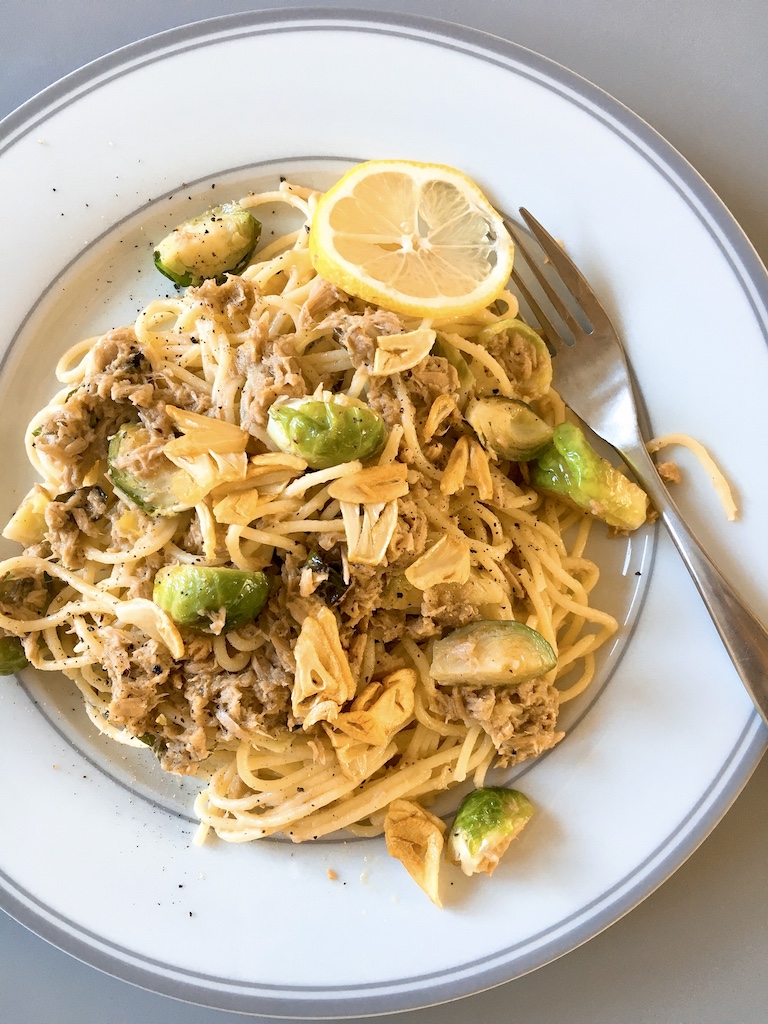 Canned tuna pasta with golden garlic and Brussels sprouts.