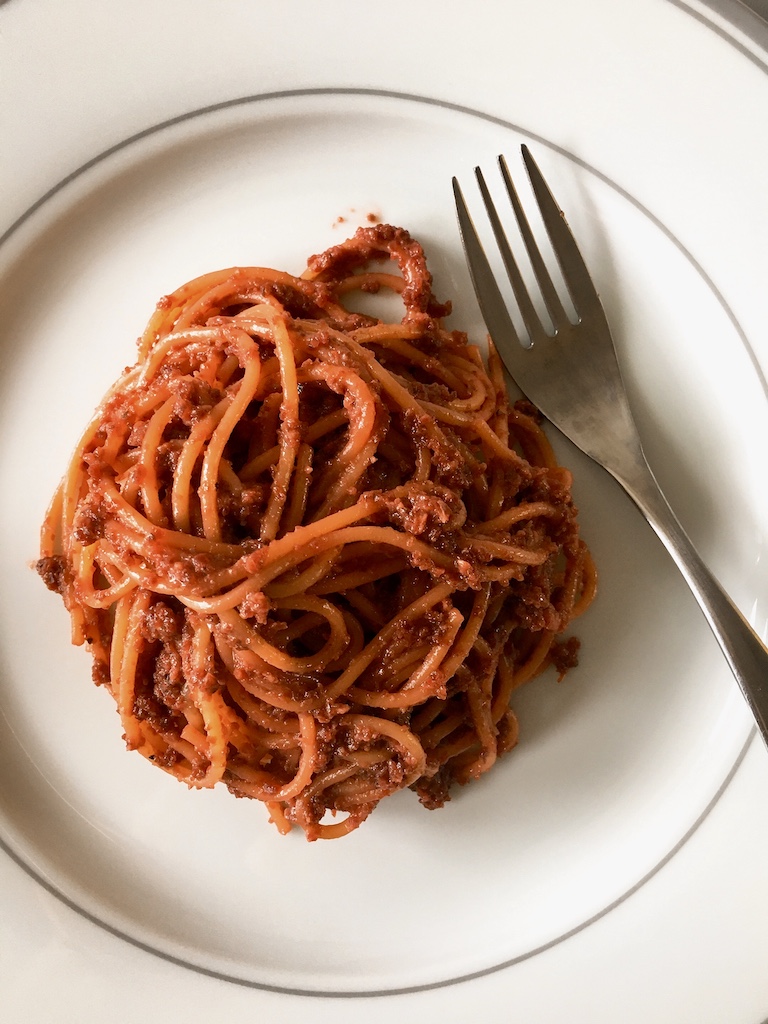 Vegetarian beetroot sauce pasta.