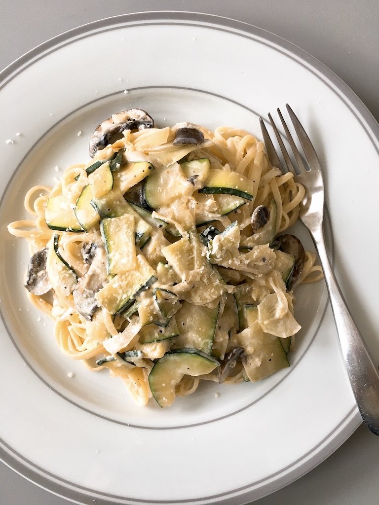 Zucchini mushroom cream sauce linguine.