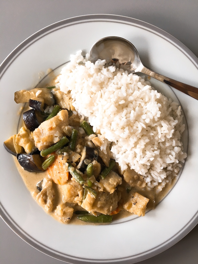 Thai green curry with cod and aubergine.