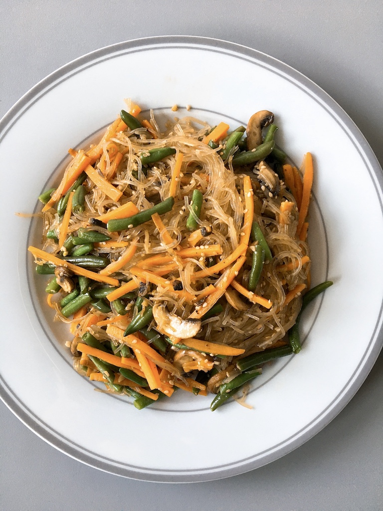 Korean stir-fried glass noodles, japchae.