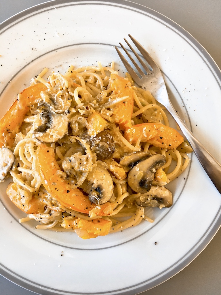 Pumpkin pasta with soy cream sauce.