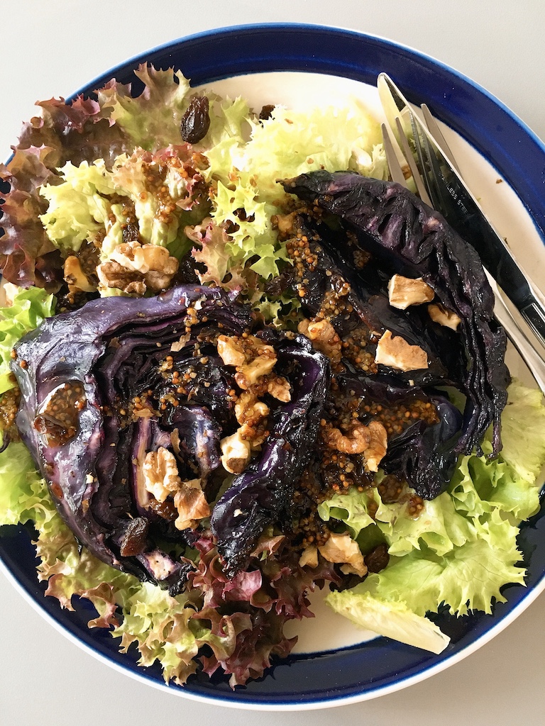 Roasted red cabbage with mustard honey sauce.