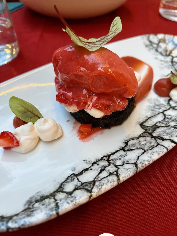 Michelin, Das Falke 23 in Munich - chocolate with strawberry sorbet.