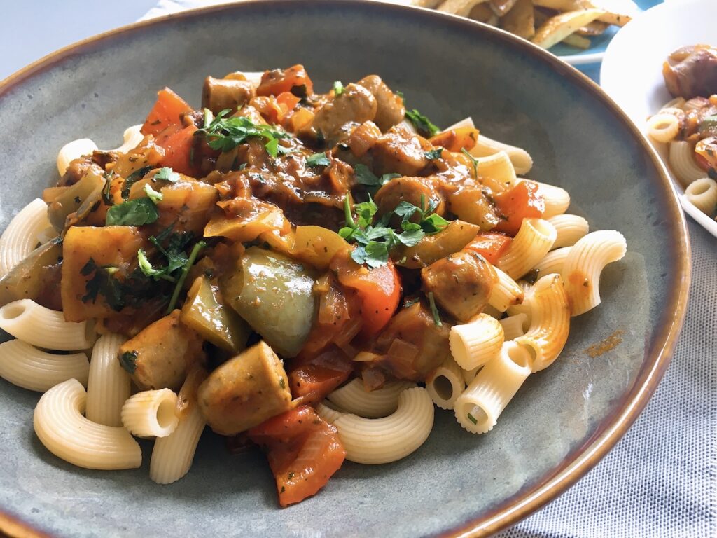 Hungarian style sausages goulash with macaroni.