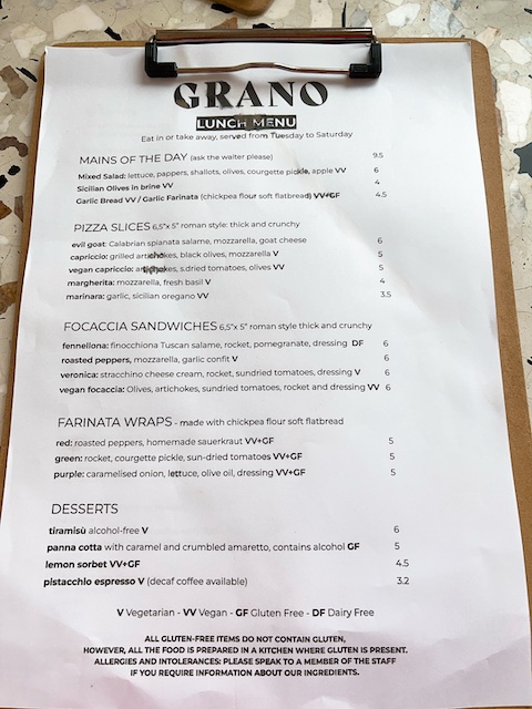 Grano lunch menu.