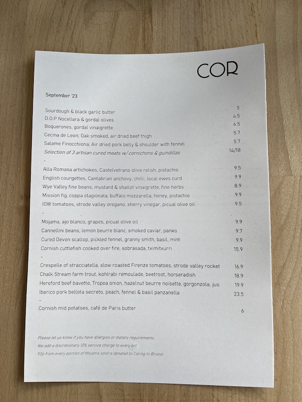 COR September 2023 menu