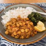 Chickpea curry(chana masala) with spiced spinach and basmati rice